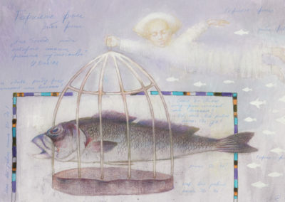 Series Grandma's recipes. Gefilte fish. paper, acrylic, color pencil, 36х53 cm, 2015. For sale