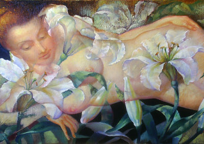 White lilies. oil, canvas, 45x90 cm, 2010. In a private collection
