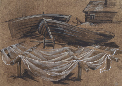 Fishing boats. paper, watercolor, gouache, 19x27 cm, 1989. For sale