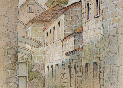 The street in old Perast. paper, color pastel, ink, 24x20, 2014. In a private collection
