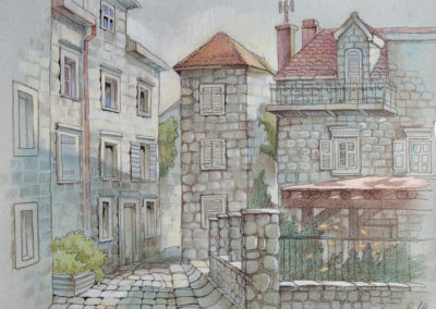 Old Perast. paper, color pastel, ink, 29x39, 2014. In a private collection