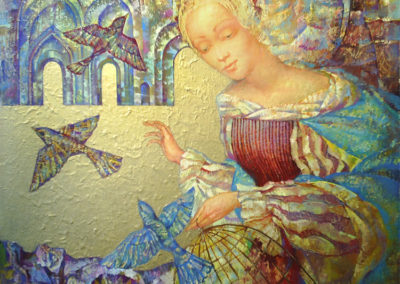 Letting out birds. oil, canvas, acrylic, 50x60 cm, 2007. In a private collection