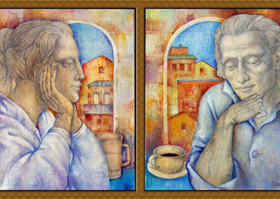 Roman cafe. oil, canvas, acrylic, graphite, 2x40x30 cm, 2011. For sale
