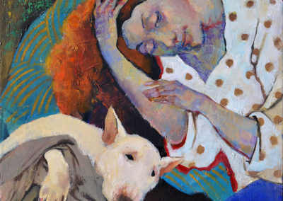 Girl and her Bullterrier. acrylik, canvas, 40x40 cm, 2020. In private collection