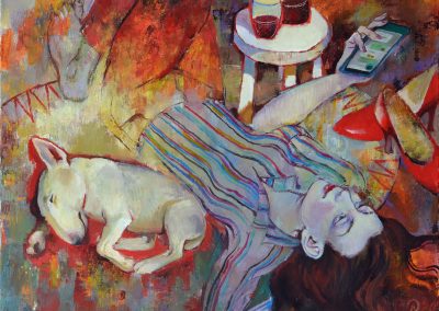 Girl and her Bullterrier.  acrylik, canvas, 60x80 cm, 2020. For sale