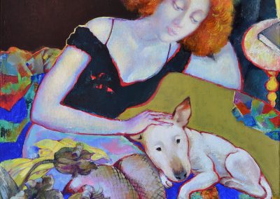 Girl and her Bull Terrier. acrylic, oil, canvas, 60x60 cm, 2021. For sale