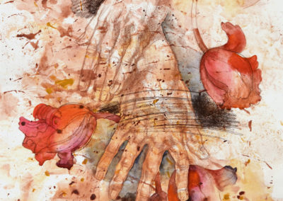 Series "Flowers in Hands".  List №1, "Tulips". paper, watercolor, pastel, color pencil, 50x40 cm, 2018. For sale