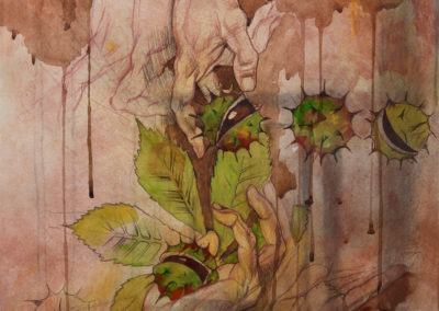 Series "Flowers in Hands".  List №3, "Chestnuts". paper, watercolor, pastel, color pencil, 50x40 cm, 2017. For sale