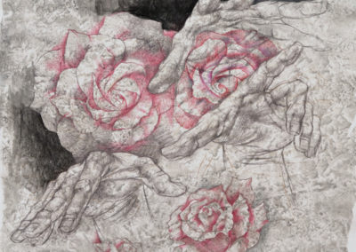 Series "Flowers in Hands".  List №4, "Roses". paper, watercolor, pastel, color pencil, 50x40 cm, 2019. For sale