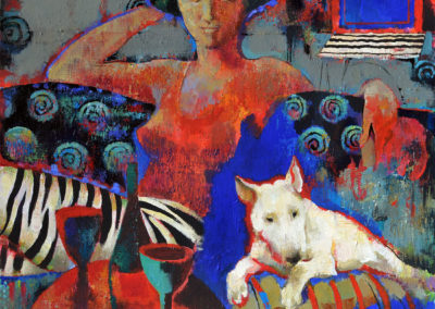 Girl and her Bullterrier. acrylik, canvas, 60x70 cm, 2020. In a private collection