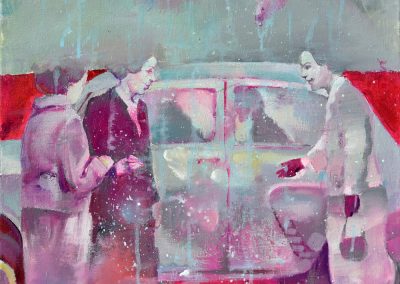 Жизнь в розовом цвете. Такси. х., м., акрил, 40х40 см, 2025. Есть в наличии